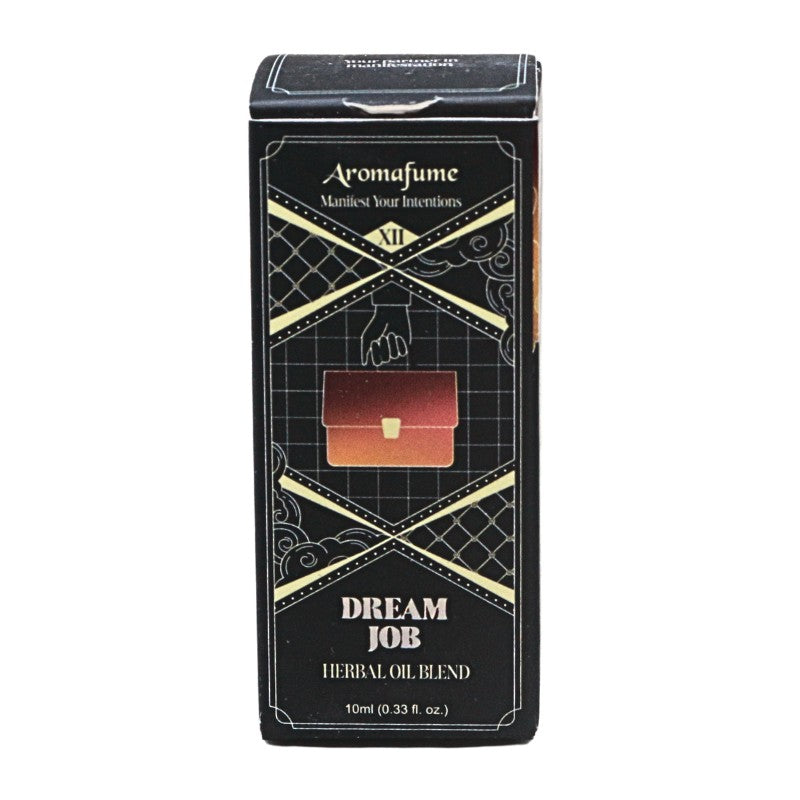 Aromafume Dream Job Herbal Oil Blend box, featuring a black packaging design with gold geometric patterns and a small illustration of a brown leather handbag.