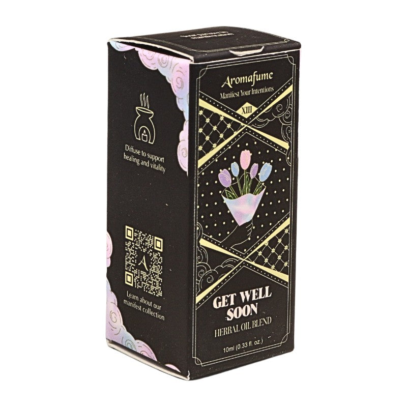 black box for aromafume manifestation oils for "get well soon" blend with a bouquet of flowers on the front