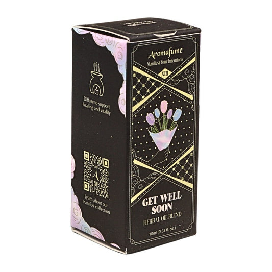 black box for aromafume manifestation oils for "get well soon" blend with a bouquet of flowers on the front