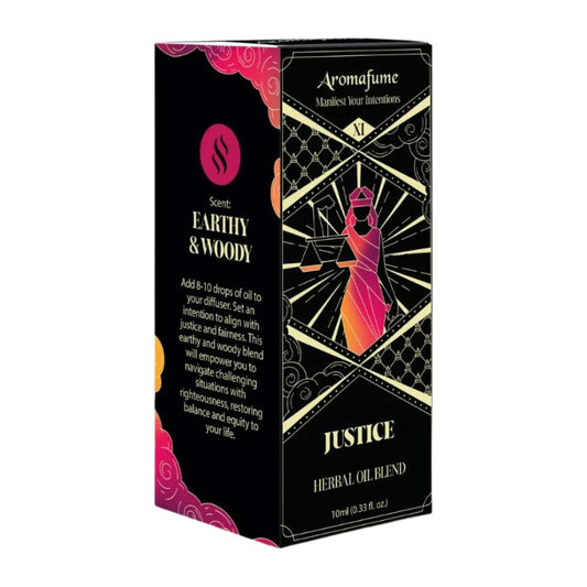 Aromafume Justice Herbal Oil Blend box, featuring a black background with gold geometric patterns, a pink and orange female figure, and pink and gold accents.