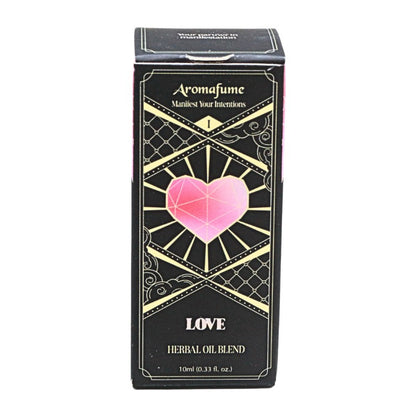 black packaging bow with pink heart and words "Love herbal blend"
