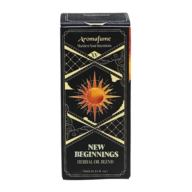 Aromafume 'New Beginnings' Herbal Oil Blend box, featuring a black background with gold geometric patterns and a central orange sun illustration.