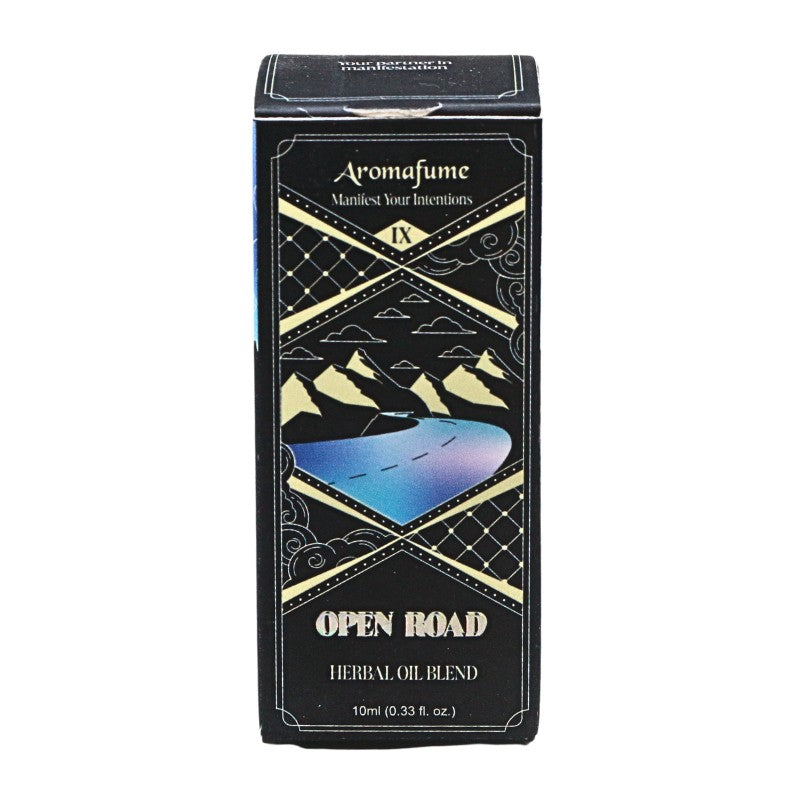 Aromafume 'Open Road' Herbal Oil Blend in a black rectangular box with gold decorative borders, a mountain and lake illustration, and white text.