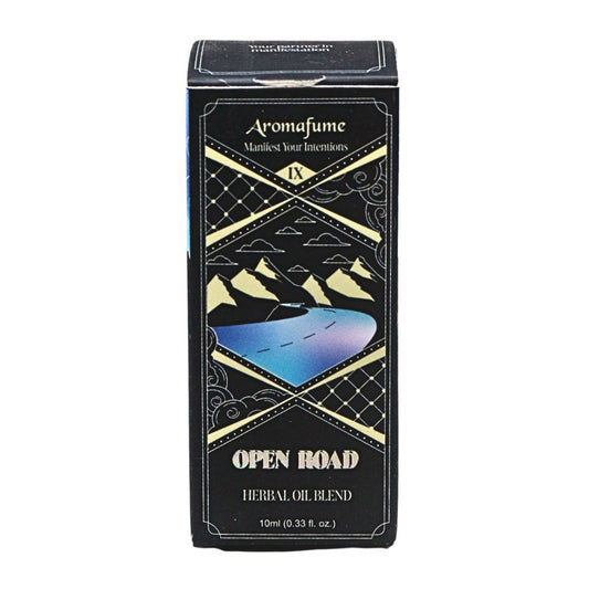 Aromafume 'Open Road' Herbal Oil Blend in a black rectangular box with gold decorative borders, a mountain and lake illustration, and white text.