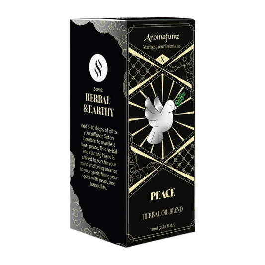 black packaging box with white dove and words "Peace herbal oil blend"
