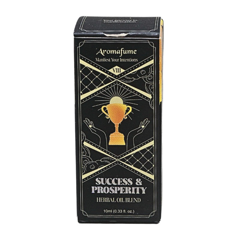 A 10ml box of Aromafume Success & Prosperity Herbal Oil Blend, featuring a black and gold design with a trophy graphic on the front.