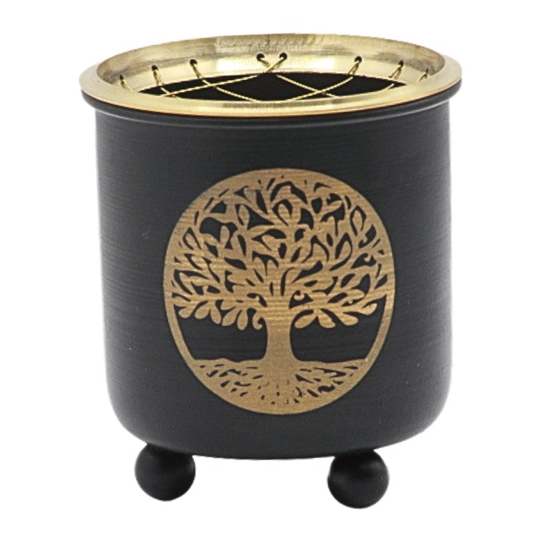 Black and gold incense charcoal burner  with a tree pattern on front 