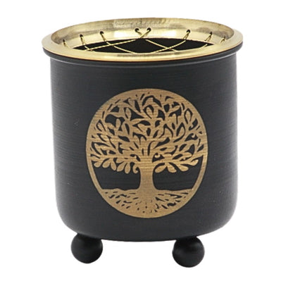 Black and gold incense charcoal burner  with a tree pattern on front 