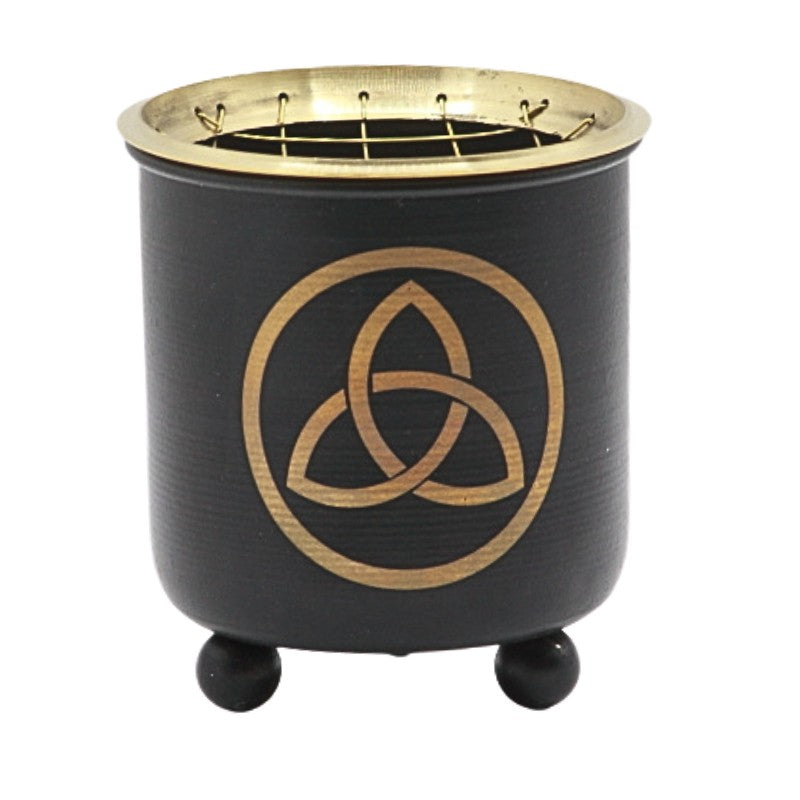 Black and gold incense charcoal burner  with a triquetra  pattern on front