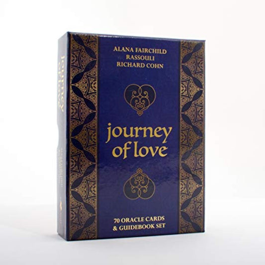 Box of 'Journey of Love' oracle cards with decorative design on a white background