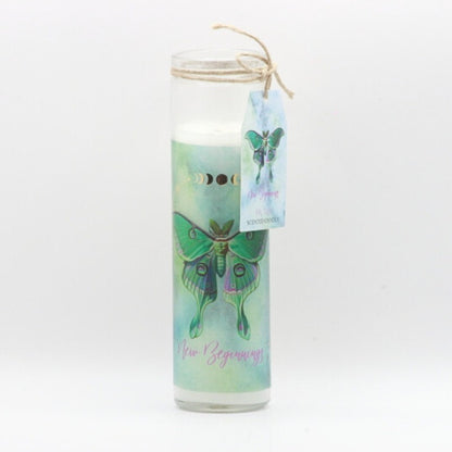 21cm pillar jar candle with green lunar moth on front