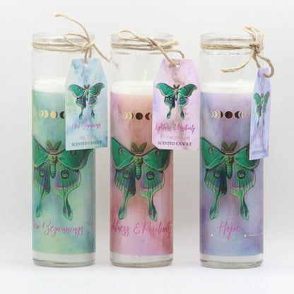 3 21cm pillar jar candles with green lunar moths on front