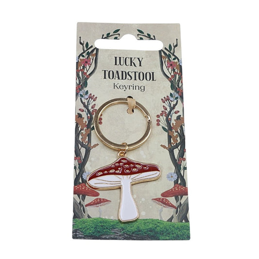 Lucky Toadstool keyring on packaging with mushroom design
