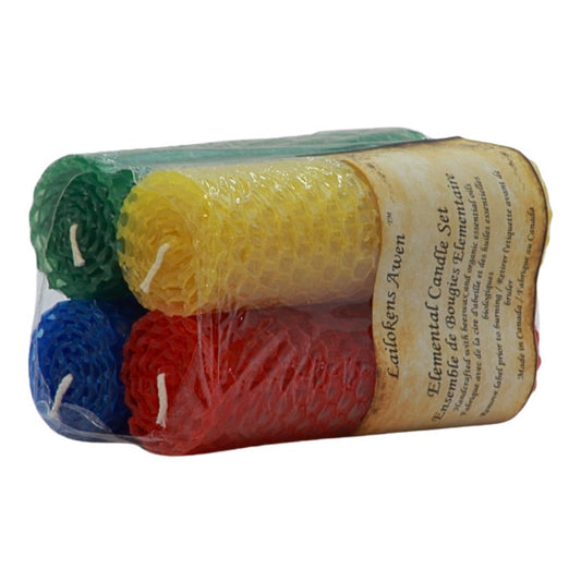 4 Rolled Beeswax candles one red, yellow, green and blue- wrapped in a distressed label 