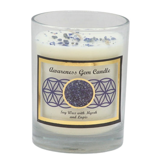 Soy wax candle with gemstone chips on top- in clear glass jar