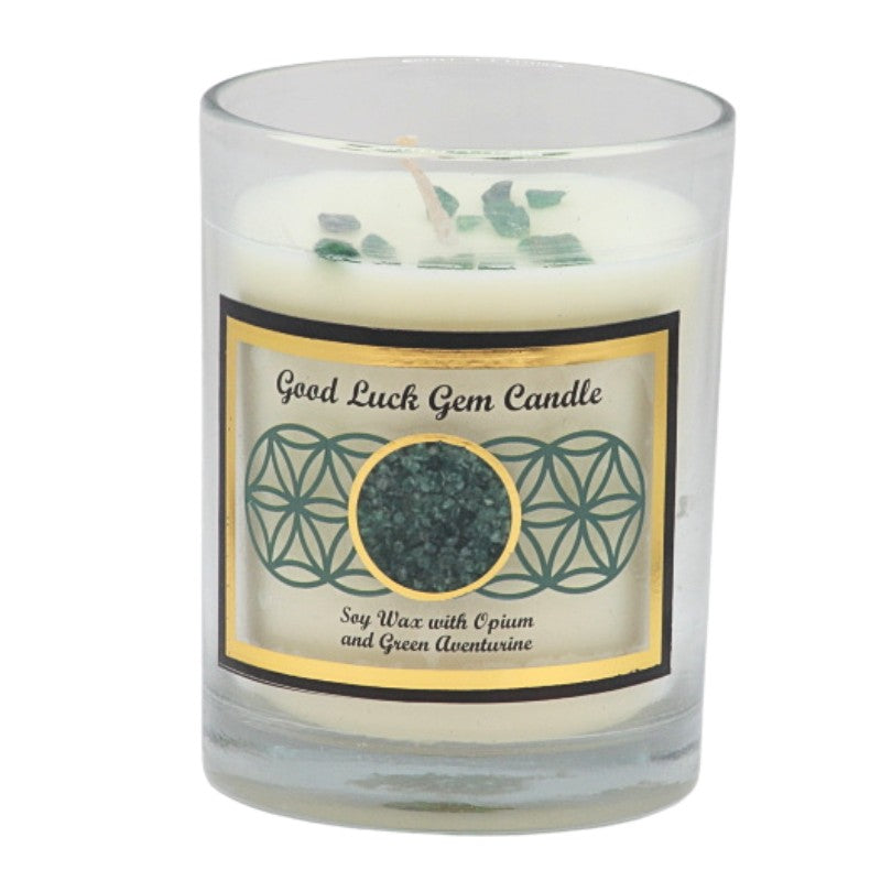 Soy wax candle with gemstone chips on top- in clear glass jar