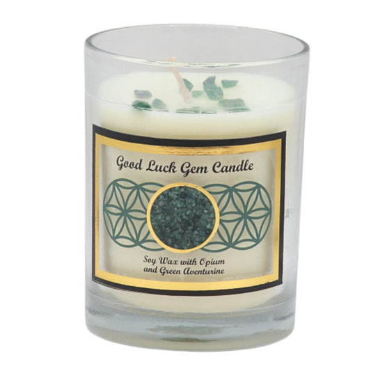 Soy wax candle with gemstone chips on top- in clear glass jar