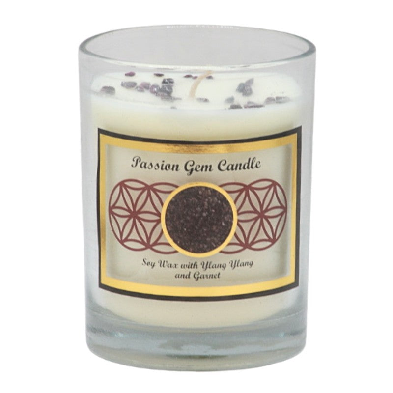 Soy wax candle with gemstone chips on top- in clear glass jar