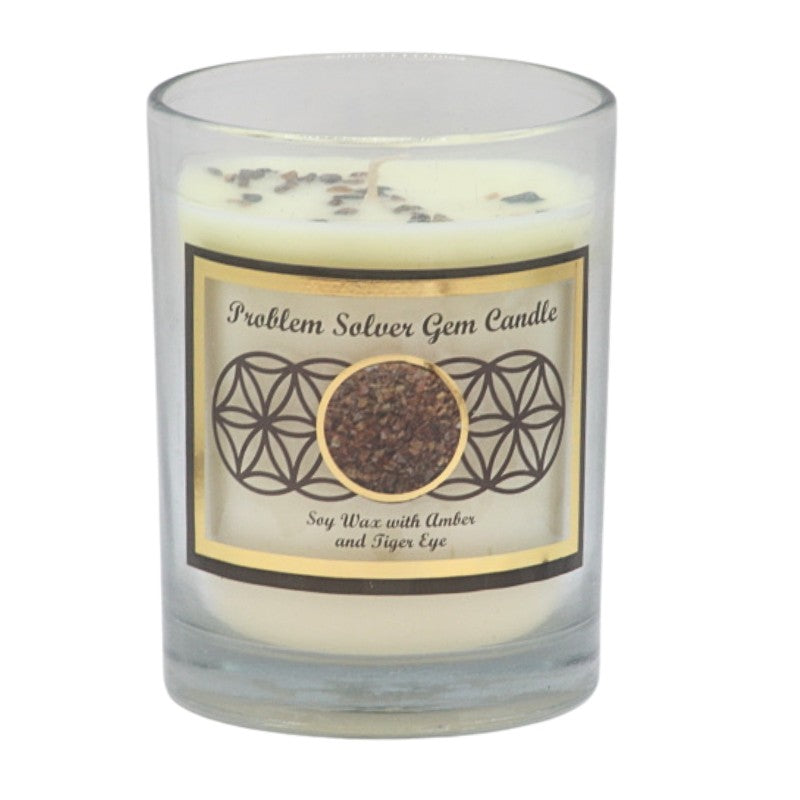 Soy wax candle with gemstone chips on top- in clear glass jar