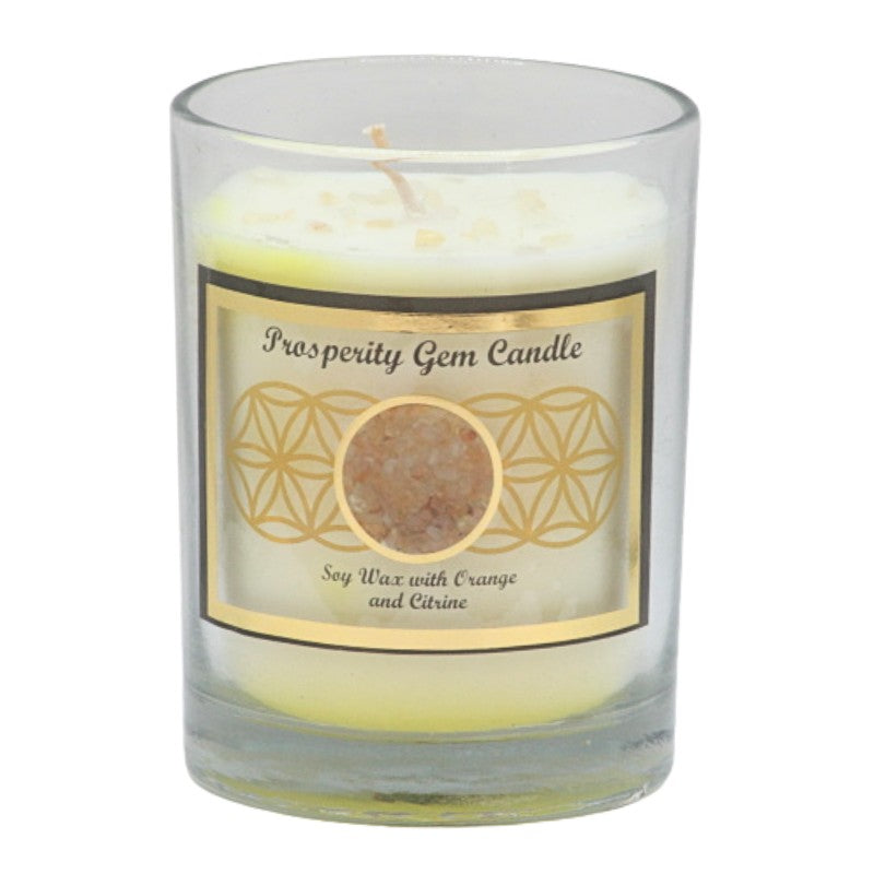 Soy wax candle with gemstone chips on top- in clear glass jar