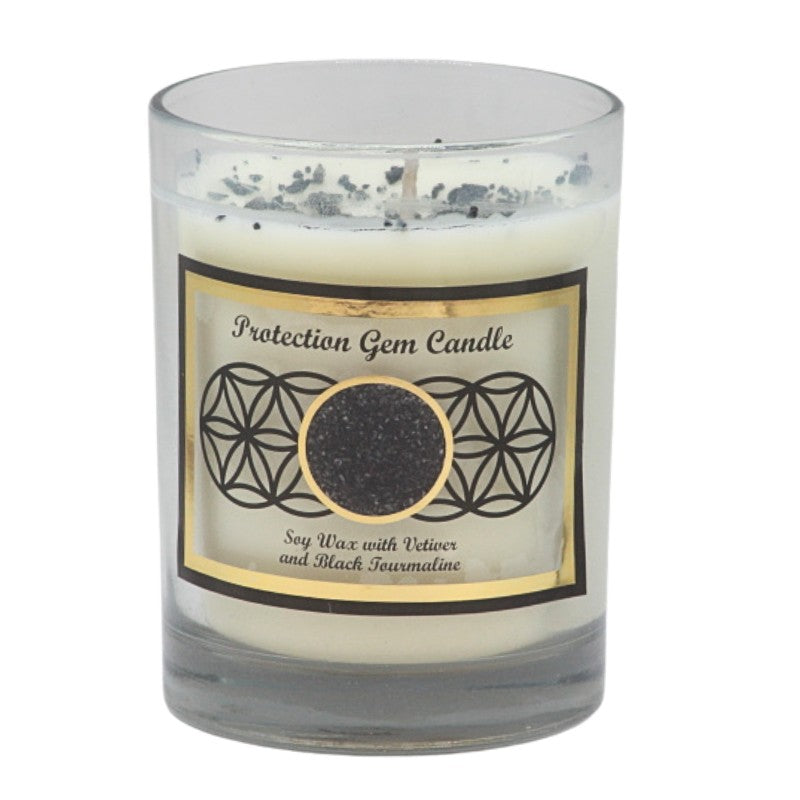 Soy wax candle with gemstone chips on top- in clear glass jar