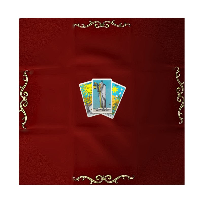 Three tarot cards on a red background with gold decorative elements