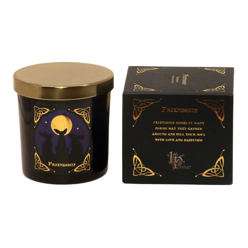 candle gift box-black with blue and gold- featuring 3 hares on front with the word "friendship" written in gold - next to gift box