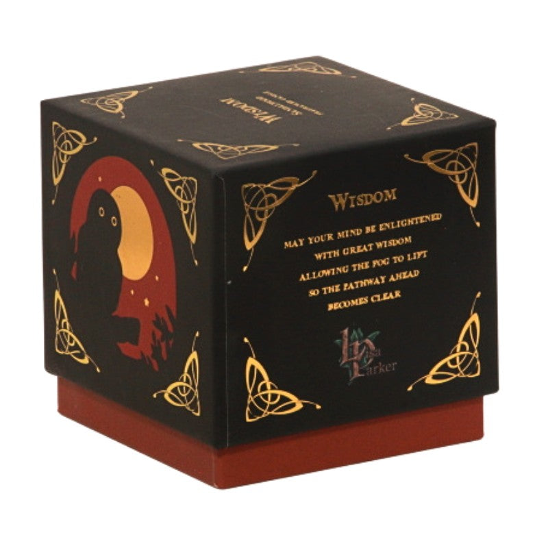 candle gift box with a red and gold owl on front with the word "wisdom" written on top