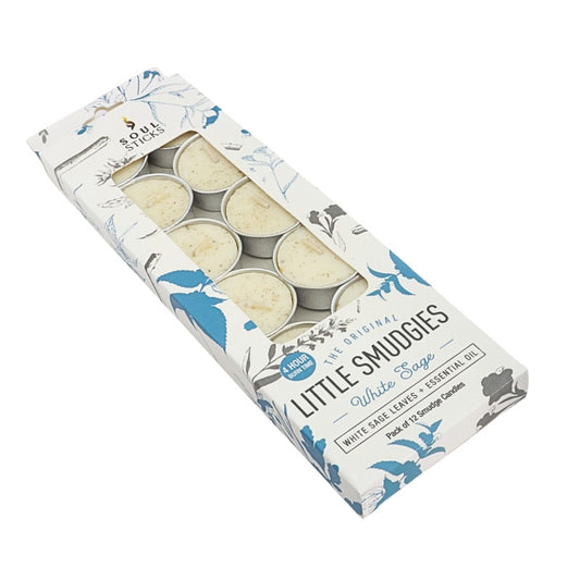 Pack of Little Smudgies White Sage candles in a decorative box on a white background