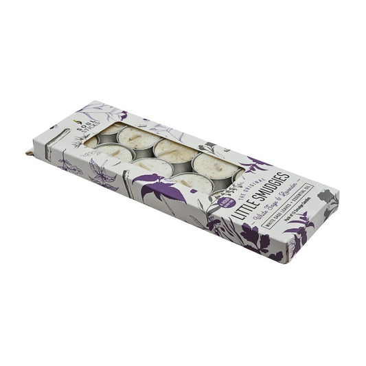 Box of tea light candles with floral design on a white background