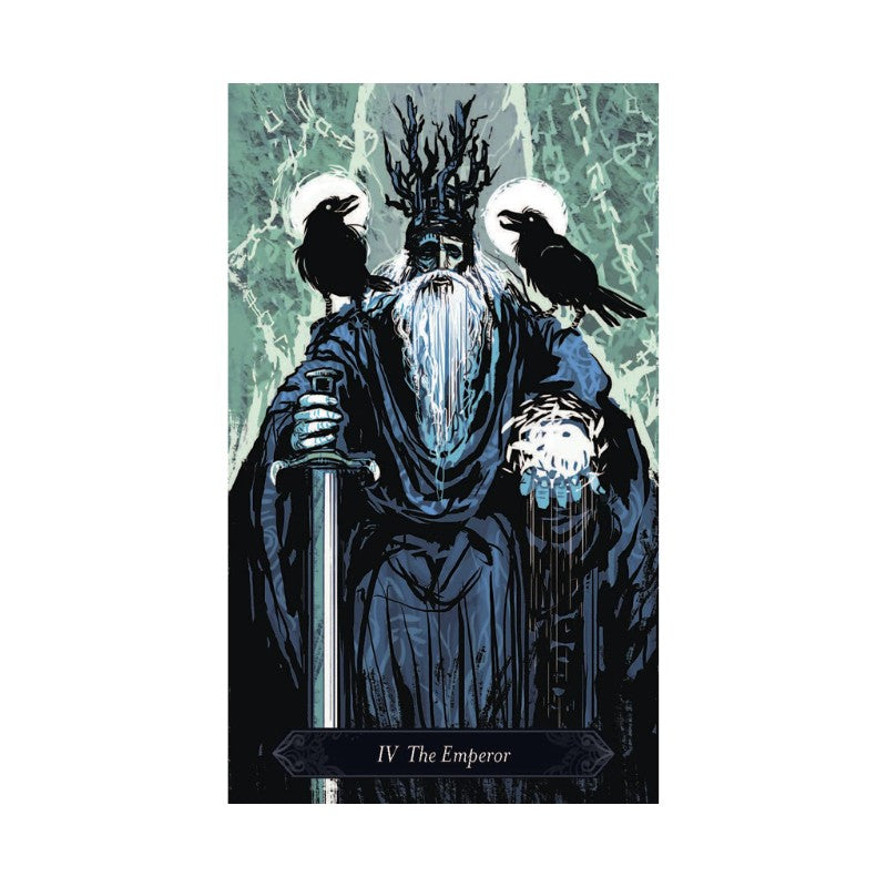 Tarot card featuring 'The Emperor' with a robed figure, sword, and crows on a green marble background.