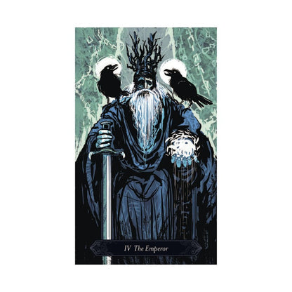 Tarot card featuring 'The Emperor' with a robed figure, sword, and crows on a green marble background.
