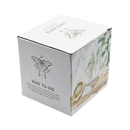 Product packaging with butterfly design and text on a white background