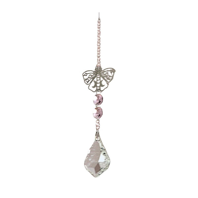Crystal hanging ornament with butterfly design on a white background