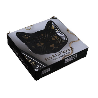 Ceramic trinket dish with black cat design on packaging