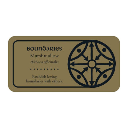 Rectangular label with text and a circular design on a beige background