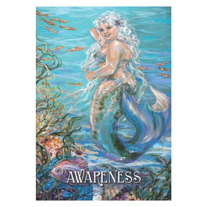 "awareness " card from the messages from the mermaids oracle deck showing a mermaid in the ocean surrounded by fish and  seaweed