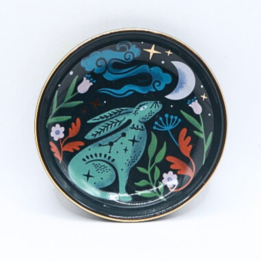 ceramic dish with image om a "Midnight Hare" looking up at the moon and stars