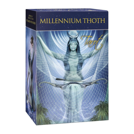 Millennium Thoth Tarot card box with a stylized depiction of a figure holding a staff on a blue background.