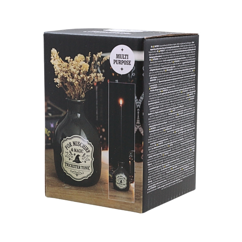 packaging for a dark coloured ceramic bottle with a tapered neck and old style vintage label that reads "for mischief and magic trickster tonic"