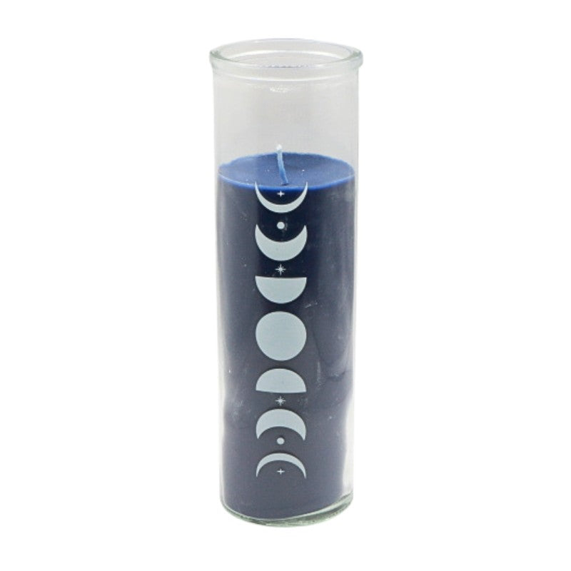 blue candle in clear glass jar with moon phases printed on the front