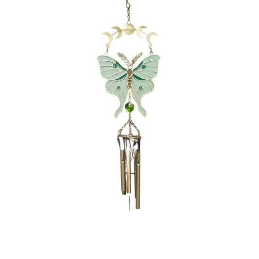 A hanging wind chime featuring a mint green and gold butterfly design with copper-toned wind chimes below, set against a plain white background.