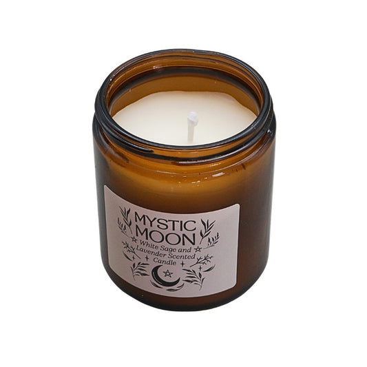 Mystic Moon candle in an amber jar on a white background