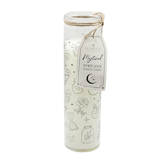 mystical print, white sage scented candle in glass 
