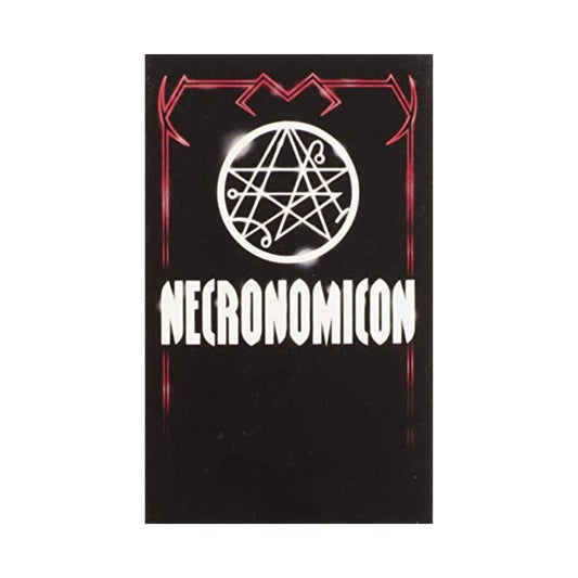 Necronomicon book cover with pentagram design on a black background