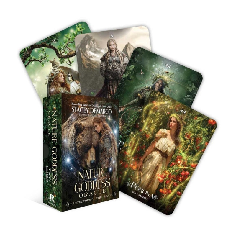 Nature Goddess Oracle card deck box with several illustrated cards fanned behind it on a white background. The box shows a bear and the title 'Nature Goddess Oracle,' and the cards display forest-themed artwork including a woman in a garden and a figure in a mountain scene.