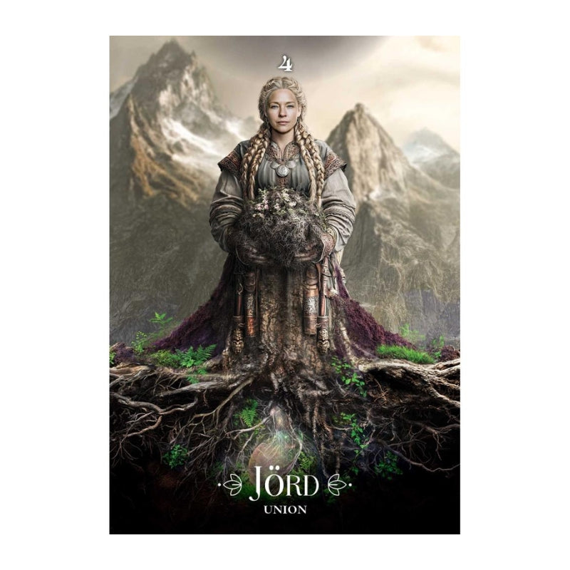 A fantasy oracle card showing a woman standing in a mountain landscape with roots and trees extending from her cloak, and the text 'Jörd UNION' at the bottom.