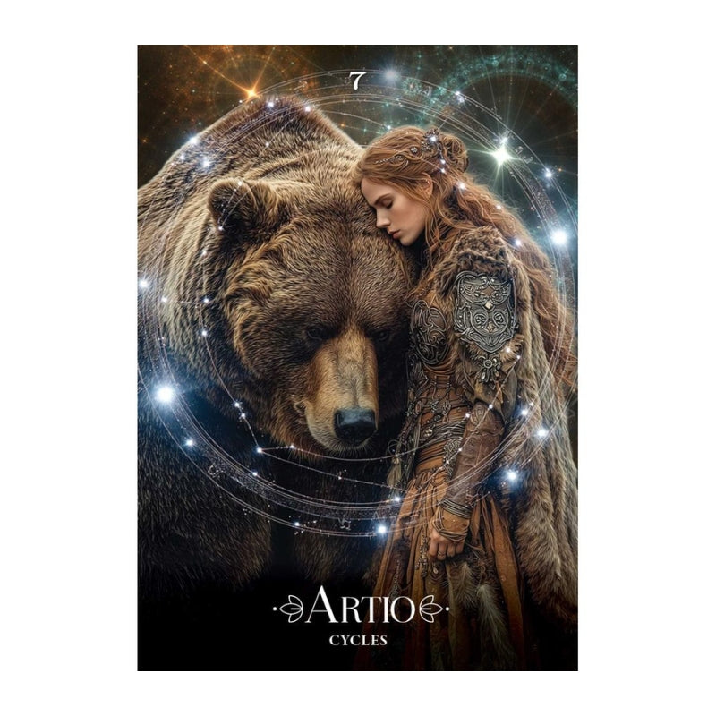 A vertical oracle card featuring a large brown bear with a woman in ornate armour leaning against it, surrounded by glowing circular star-like effects and the text 'Artio Cycles' at the bottom.