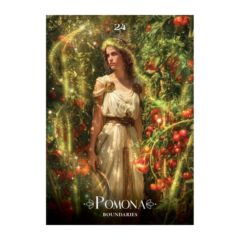 A square  card featuring a woman in a cream dress standing in a lush garden of tomatoes, with glowing golden light effects. The text '24' appears at the top and 'POMONA BOUNDARIES' is printed at the bottom.