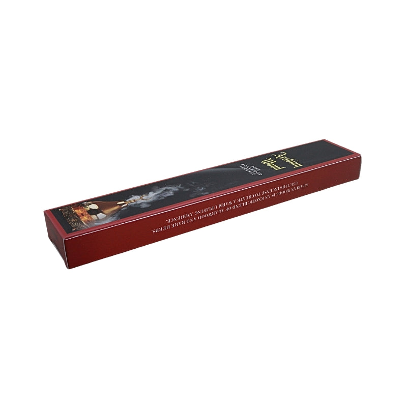 black and red incense box with an image of a brass incense burner and the words "Arabian Wood", on a white background.